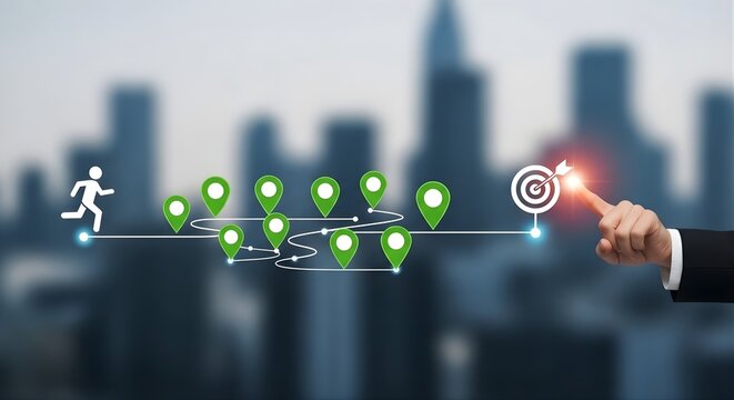 Businessman navigating a complex route with multiple checkpoints towards a shining target, symbolizing a challenging business journey to reach a specific goal on blurred city background