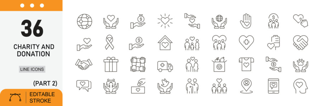 Charity and donation line icons set. Nonprofit, fundraising, and support symbols collection. Help, community, giving. Editable stroke.