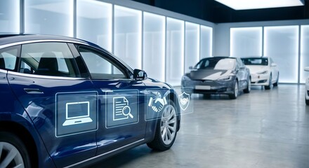 Obraz premium Blue electric car in modern showroom with digital icons for online booking and warranty contracts displayed on side panel while other luxury vehicles stand in bright minimalist dealership interior