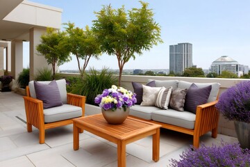 Fototapeta premium Luxurious rooftop terrace furniture with city view
