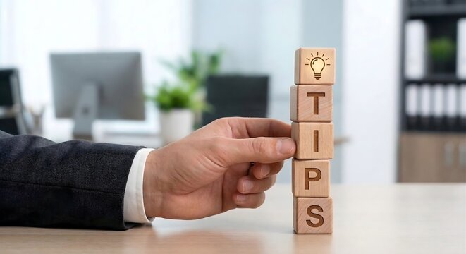 Businessman hand stacking wooden blocks with word tips and light bulb icon on top in bright office environment showing guidance professional advice and creative solutions for corporate improvement