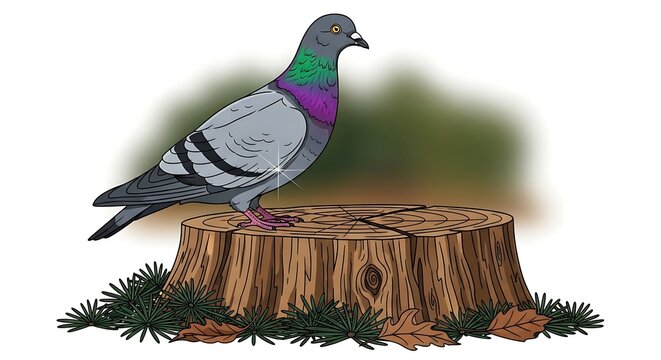 A Pigeon Perched on a Tree Stump illustration