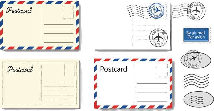 Postcard and Air Mail Illustration Set with Stamps, Postmarks, and Classic Envelope Design