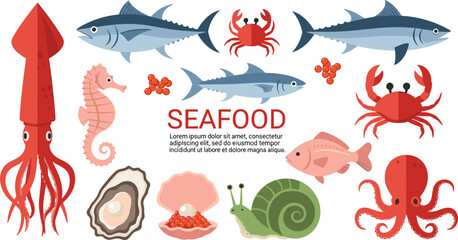 Seafood Collection with Squid, Fish, Crab, Octopus, Seahorse, Oyster, and Snail, Cartoon Marine Life Illustration © MSTRazia
