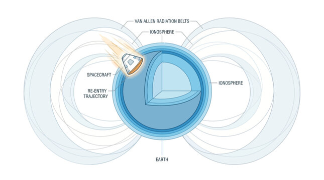 Diagram illustrating a spacecraft's re-entry trajectory through Earth's atmosphere and magnetosphere, including the Van Allen radiation belts.