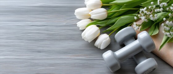 Flat lay of white dumbbells and tulips on a wooden table with space for text or product display for womens day ideas