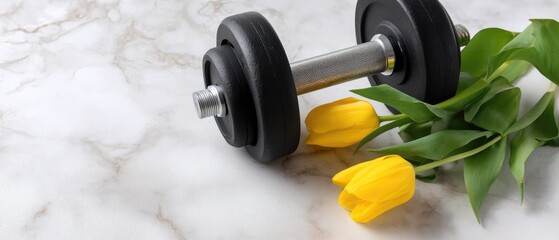 Fototapeta premium Black barbell plate and yellow tulip arranged on white marble surface with space for text and focus on fitness concept