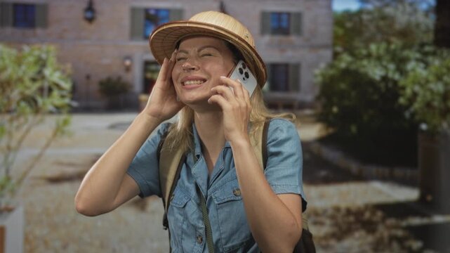 Woman wearing pith helmet holding smartphone to ear at sunlit building entrance outdoors; adventure exploration wanderlust relief.