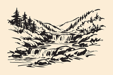 Waterfall landscape ink sketch vector illustration © Victoria