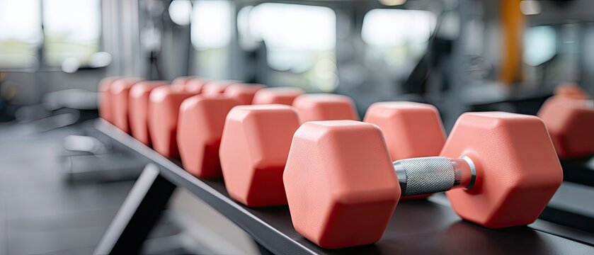 Close up view of red dumbbells arranged on rack in gym with black and orange background during fitness session in high resolution quality
