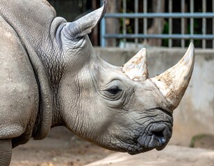 Obraz premium Close-up of a White Rhinoceros Head with Two Horns.