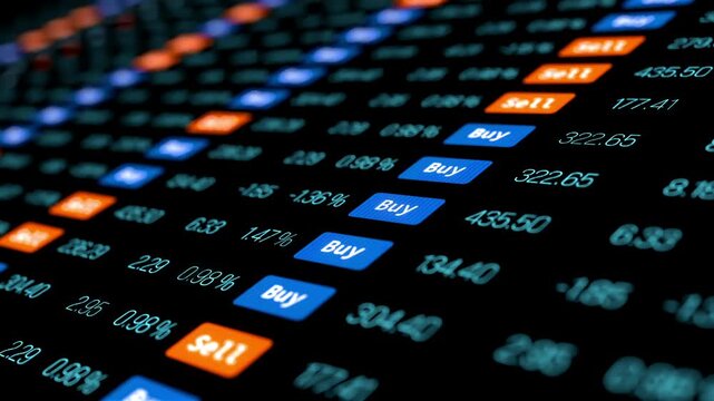 Close-up trading screen with stock market data, buy and sell information. Financial markets, invest, stockbroker, financial figures, up and down, volatile.