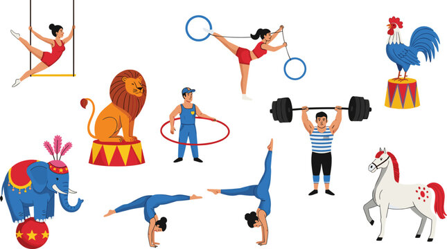 Circus Performers and Animals Collection with Gymnasts, Clown, Lion, Elephant, Horse, and Rooster, Fun and Colorful Circus Illustrations