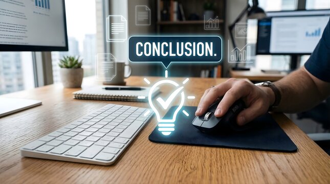 Person using computer mouse on wooden desk with conclusion text and lightbulb icon overlay showing final steps of project completion work strategy and creative thinking in modern office environment