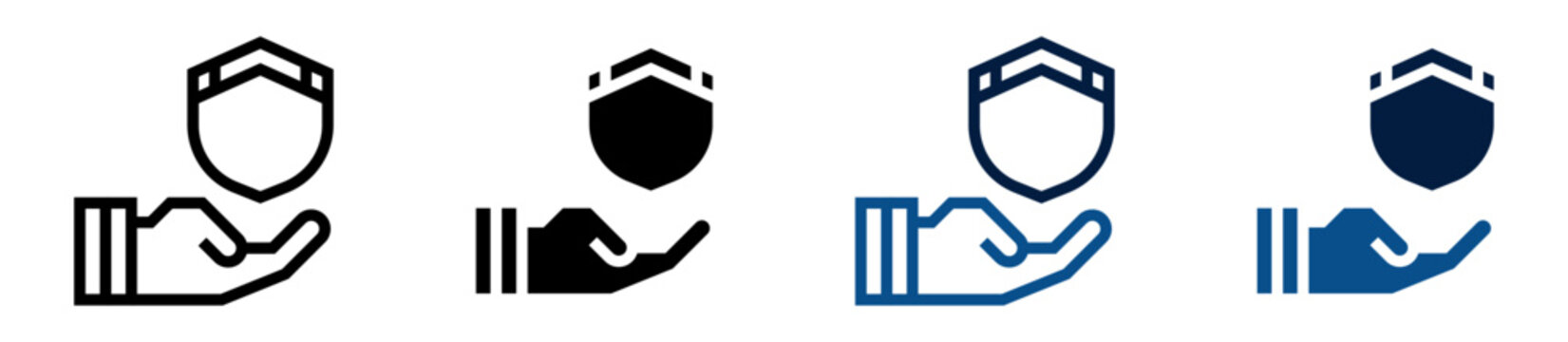 Iconos de protecci&oacute;n. Mano sosteniendo escudo. Defensa personal, seguridad confiable y resguardo preventivo. Ilustraci&oacute;n vectorial