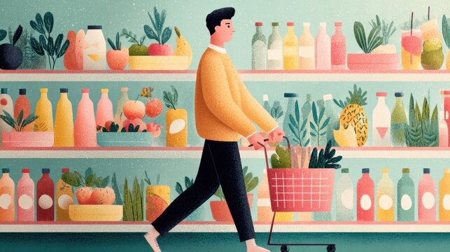 Man comparing grocery products in supermarket aisle while choosing food items