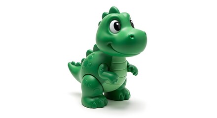 Fototapeta premium A green plastic toy dinosaur with a smiling face stands alone
