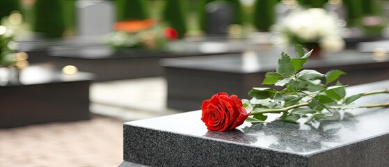 Naklejka premium Close-up of a red rose placed on a granite tombstone in a cemetery with blurred headstones in the background