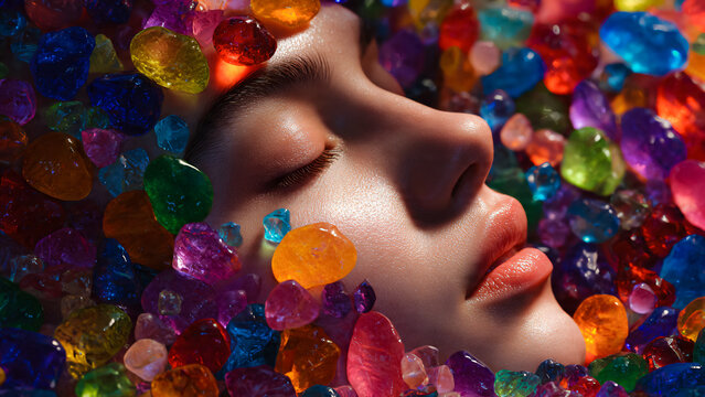 Visage de femme recouvert de pierres color&eacute;es