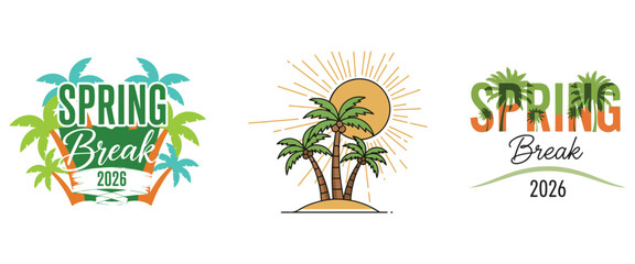 Naklejka premium Three spring break themed designs featuring palm trees sun and text for the year 2026
