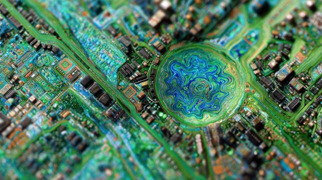 Abstract macro view of a computer motherboard circuit board detail