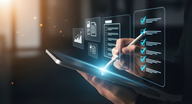 Digital document audit and checklist verification on tablet device. Concept of business management, compliance, and quality assurance for corporate process control and data accuracy improvement.