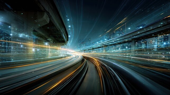 Abstract futuristic perspective view of illuminated pathways and city lights