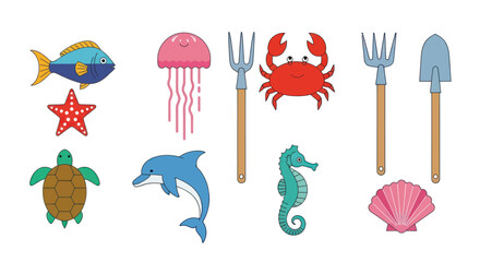 Ocean life and garden tools cartoon elements © Cracker