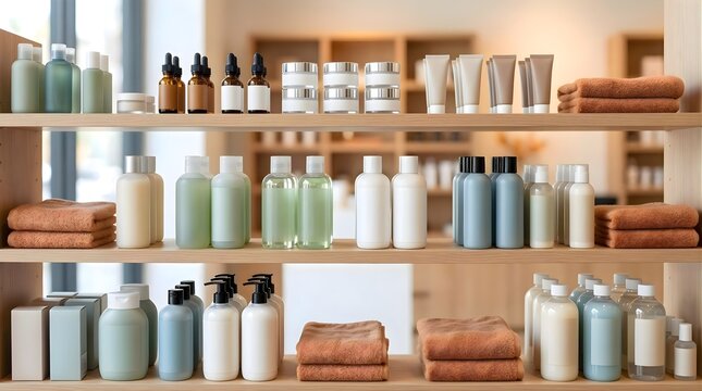 Beauty care products on wooden shelves featuring various bottles of lotion serum and shampoo with folded brown towels in bright modern retail store or spa interior focused on skincare and wellness