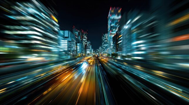Abstract night cityscape with motion blur and illuminated buildings