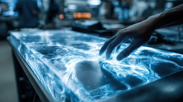 Human hand interacting with glowing digital surface futuristic technology concept