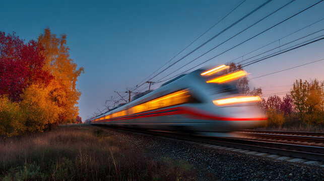 Modern Passenger Train Speeding Through Autumn Landscape at Dusk with Blurred Motion Effect