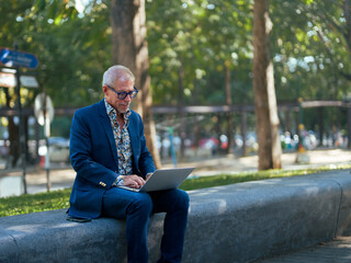 Fototapeta premium Senior man working remotely on laptop outdoors in park