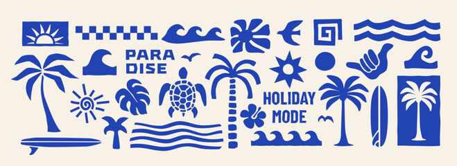 Tropical beach icon set with palm trees, waves, sun, turtle, surfboard and summer travel symbols. Minimal vector collection for holiday, paradise and ocean themes. © cddesign.co