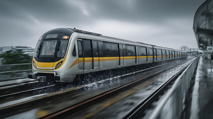 Fototapeta premium High-Speed Contemporary Passenger Train Speeding Along Urban Environment on Rainy Day