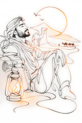 single line traveler resting beside desert caravan with lantern in sunset minimalist line wall art