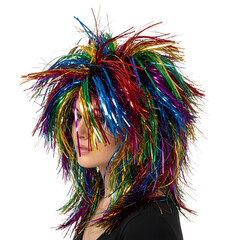 Naklejka premium A woman with vibrant, colorful hair styled in a unique, spiky fashion. 2026 soccer world championship. Transparent background