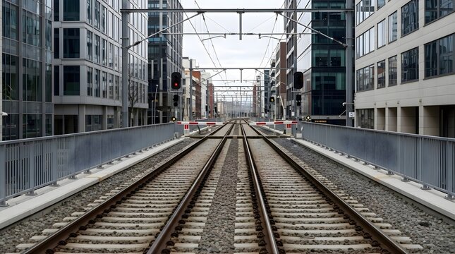 Two parallel railway tracks extending into distance surrounded by modern city buildings and overhead power lines under a cloudy sky