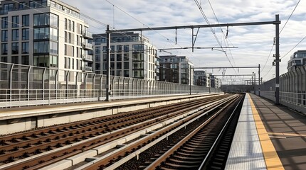 Fototapeta premium Multiple railway tracks alongside a modern platform with cityscape and contemporary buildings in background under clear sky