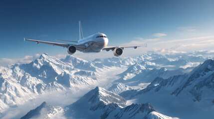 Naklejka premium Commercial Airplane Flying Over Majestic Snow-Capped Mountains in a Clear Sky