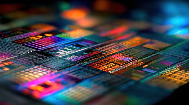 Abstract macro image of semiconductor chip with colorful electronic components