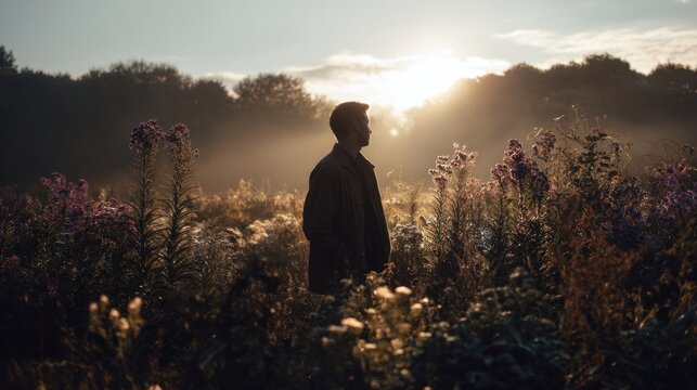 Silhouette of a person in field with sunlight at golden hour