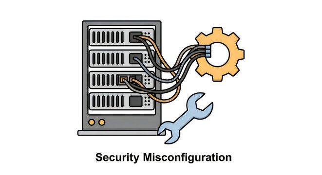 An illustration of a server with a wrench and gear representing security misconfiguration