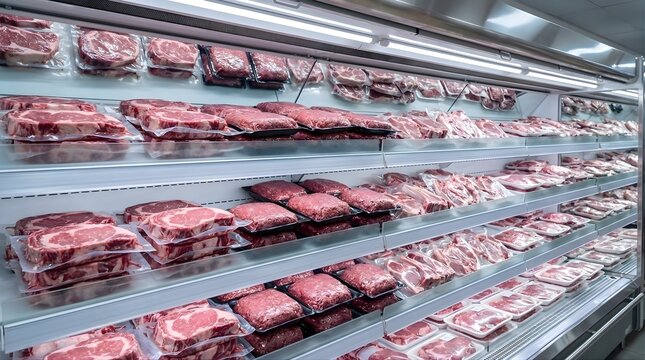 Close up view of vacuum sealed raw beef steaks and ground meat packages on glass shelves in commercial refrigerator unit showing marbling and texture for professional kitchen or grocery store supply