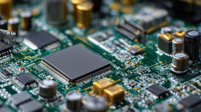 Close up of a circuit board with microchips and electronic components