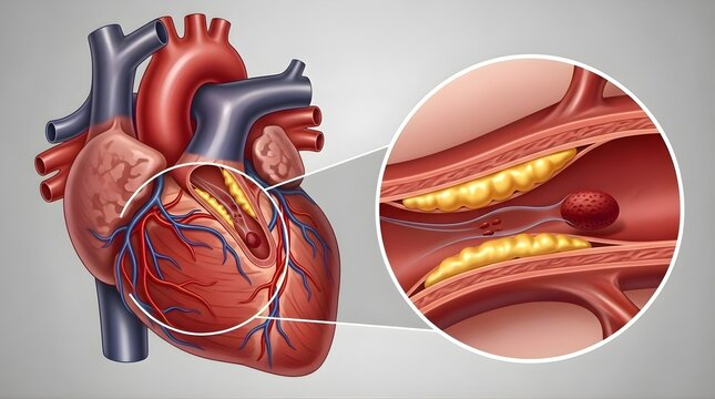 Medical illustration of human heart with magnified view showing coronary artery disease, plaque buildup and thrombus causing blood flow restriction