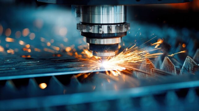 Industrial laser cutting metal plate with bright sparks close up view