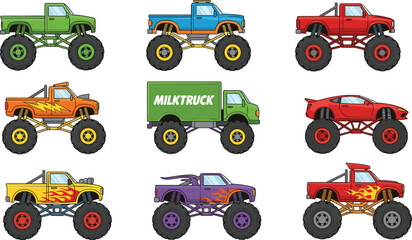 Monster Truck Collection with Colorful Designs, High Wheels, and Unique Patterns for Racing and Stunt Concepts © MSTRazia