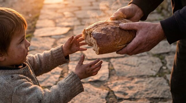 Man sharing bread with hungry little boy. Religious concept of charity and compassion inspired by Jesus Christ. Humanitarian aid for poor child in need. Helping hand, kindness.