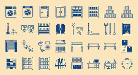 Warehouse Icons Set: Logistics, Storage, Inventory, Delivery, Safety, Equipment